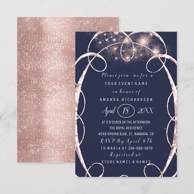 Bridal Shower Rose Gold Confetti Blue Navy Invitation (Front/Back)