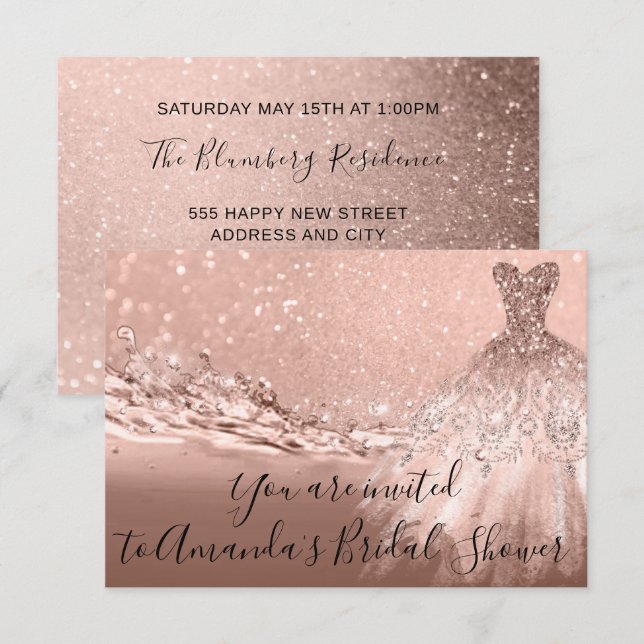 Bridal Shower Rose Gold Dress Glitter Ocean Invitation (Front/Back)