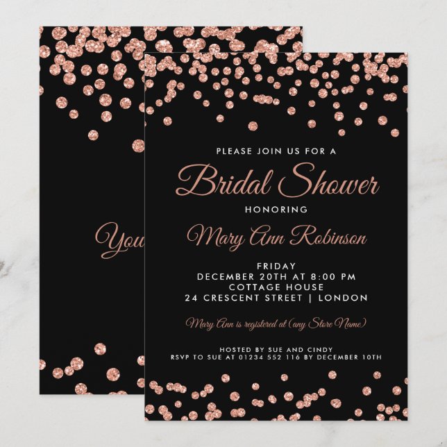 Bridal Shower Rose Gold Faux Glitter Confetti Blac Invitation (Front/Back)