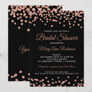 Bridal Shower Rose Gold Faux Glitter Confetti Blac Invitation