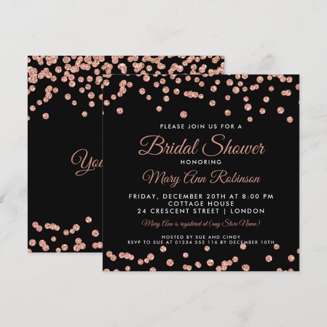 Bridal Shower Rose Gold Faux Glitter Confetti Blac Invitation (Front/Back)