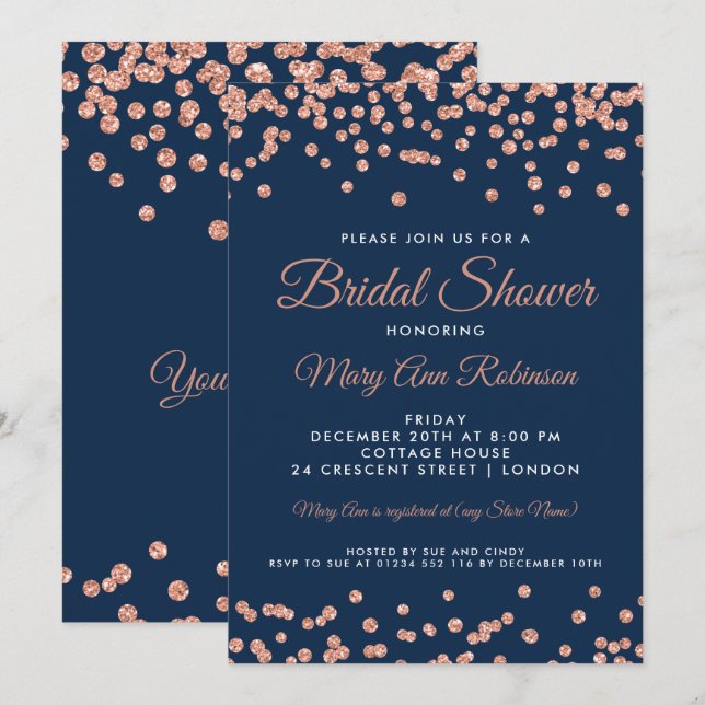 Bridal Shower Rose Gold Faux Glitter Confetti Navy Invitation (Front/Back)