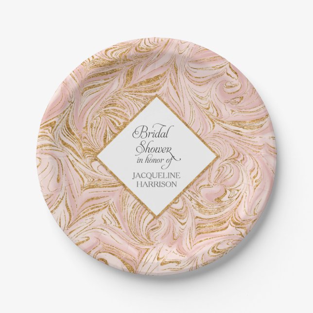 Bridal Shower Rose Gold Faux Glitter Marble Blush Paper Plate (Front)