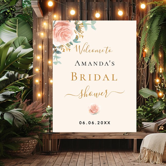 Bridal Shower rose gold floral beige welcome sign (Creator Uploaded)
