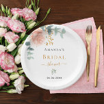 Bridal Shower rose gold floral eucalyptus elegant Paper Plate<br><div class="desc">A chic white background. Decorated with a rose gold,  blush pink floral,  flower (rose)and green watercolored eucalyptus leaves,  sprigs,  greenery and a faux gold sprig. Personalise and add the name of the bride to be and a date. Black and golden letters.</div>