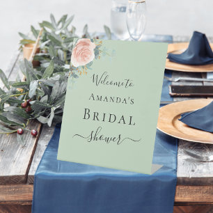 Bridal Shower rose gold floral sage green welcome Pedestal Sign