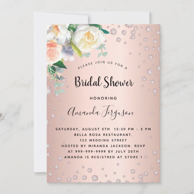 Bridal shower rose gold florals diamonds invitation (Front)