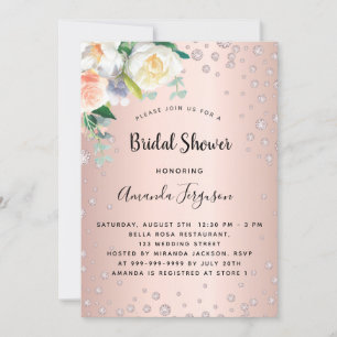 Bridal shower rose gold florals diamonds invitation