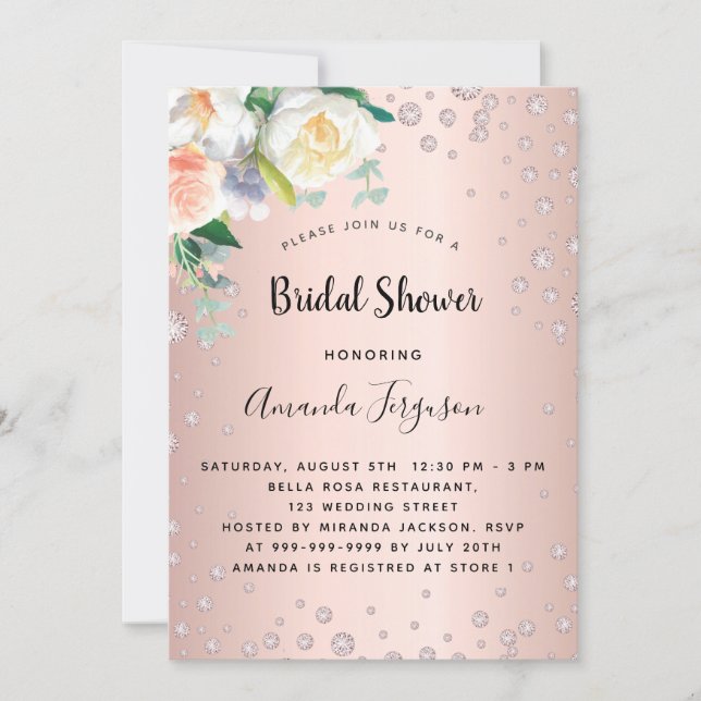 Bridal shower rose gold florals diamonds invitation (Front)