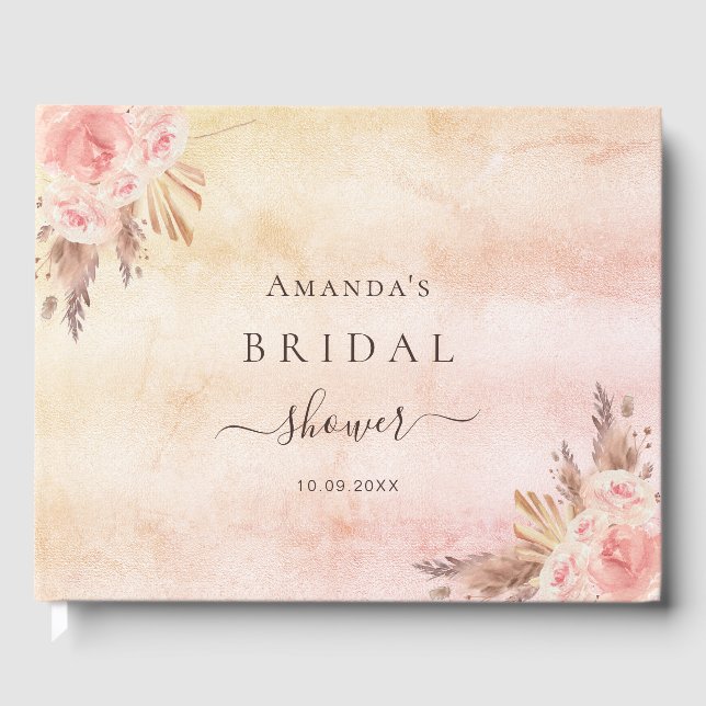Bridal Shower rose gold florals pampas grass Guest Book (Front)