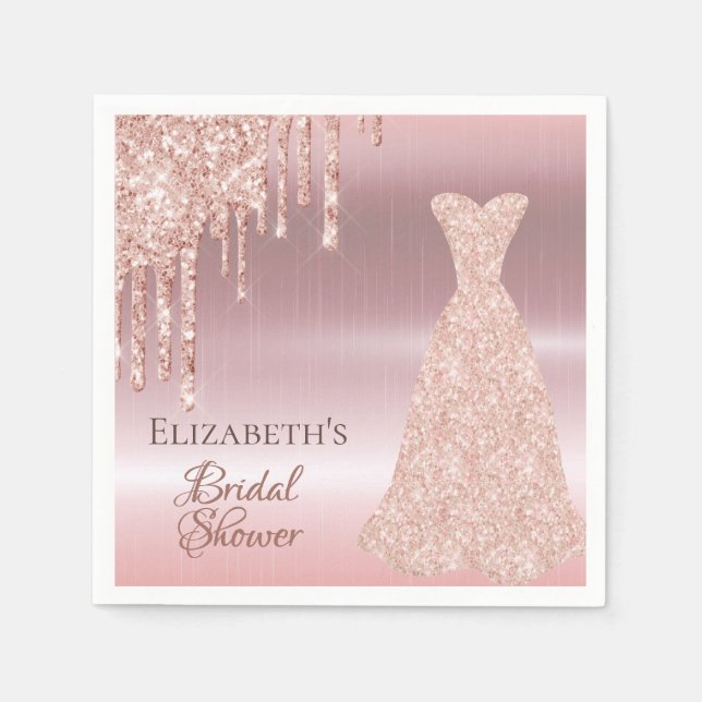 Bridal shower rose gold glitter blush dress name napkin (Front)