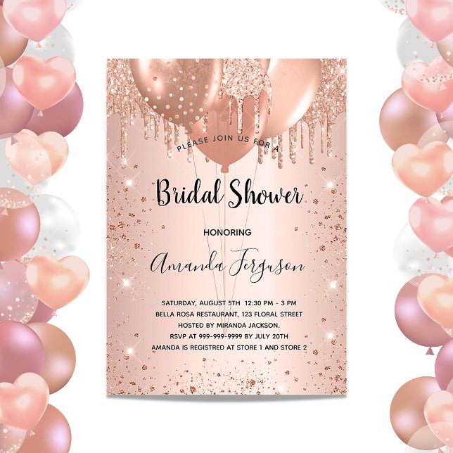 Bridal Shower rose gold glitter drops balloons Invitation Postcard (Creator Uploaded)