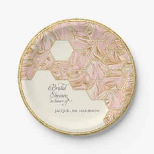 Bridal Shower Rose Gold Glitter Marble Hexagonal Paper Plate