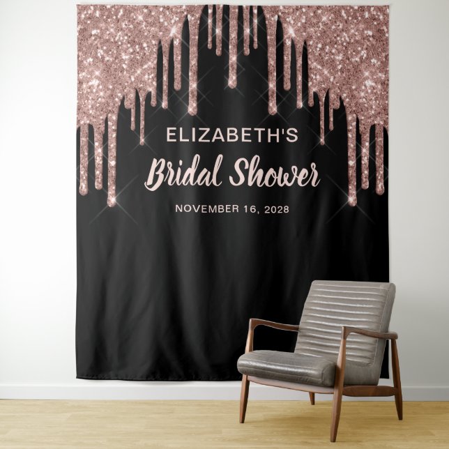 Bridal Shower Rose Gold Glitter Personalised Black Tapestry (In Situ)