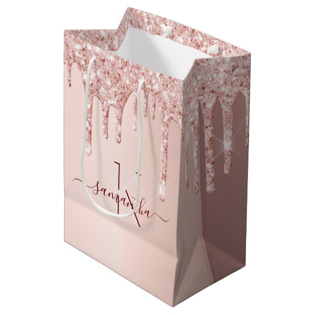Bridal Shower rose gold glitter pink monogram Medium Gift Bag (Front Angled)