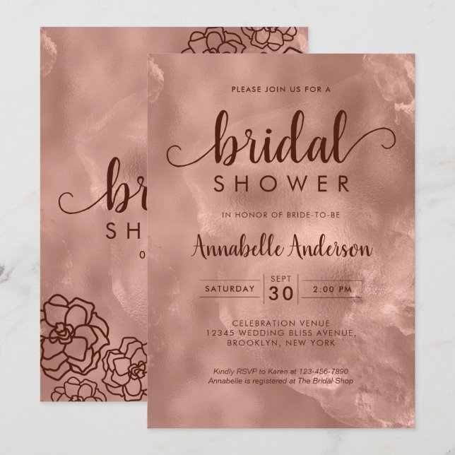 Bridal Shower Rose Gold Metallic Elegant Floral Invitation (Front/Back)