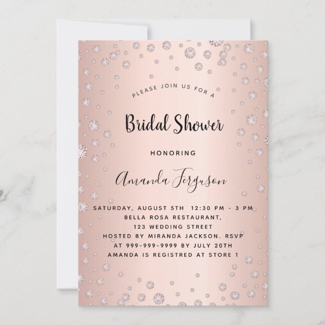 Bridal shower rose gold pink diamonds glamourous invitation (Front)