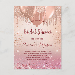 Bridal Shower rose gold pink glitter balloons Invitation Postcard