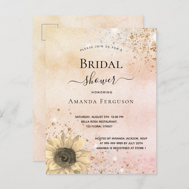 Bridal shower rose gold rustic sunflower invitation postcard (Front/Back)