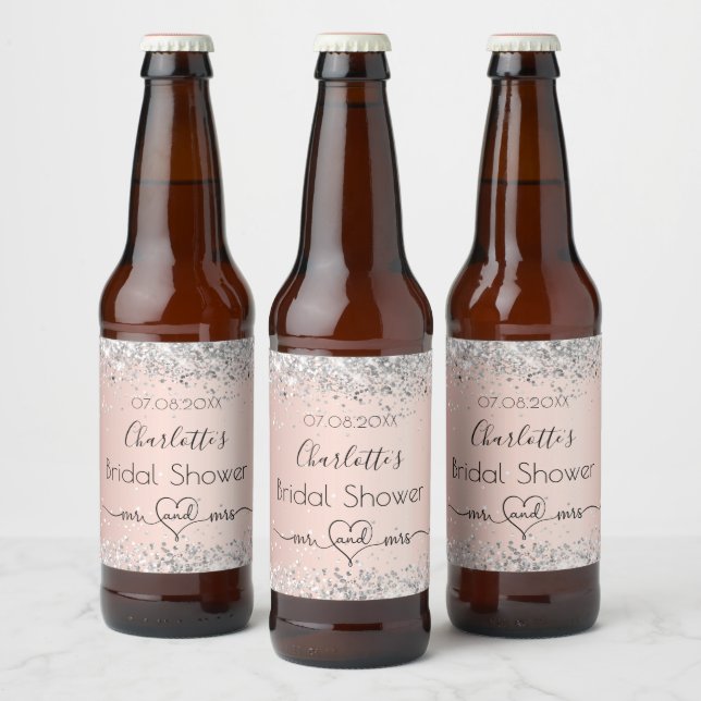 Bridal shower rose gold silver mr mrs beer bottle label (Bottles)