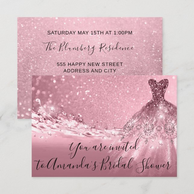 Bridal Shower Rose Pink Dress Glitter Ocean Invitation (Front/Back)