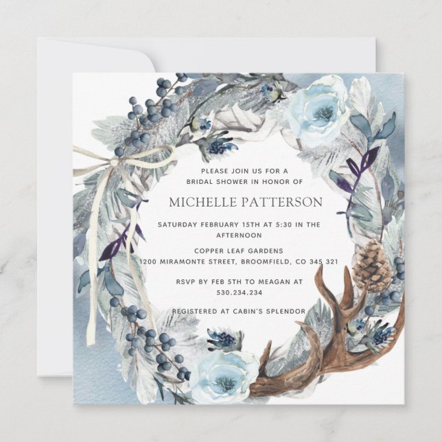 Bridal Shower Rustic Blue Floral Watercolor Wreath Invitation (Front)