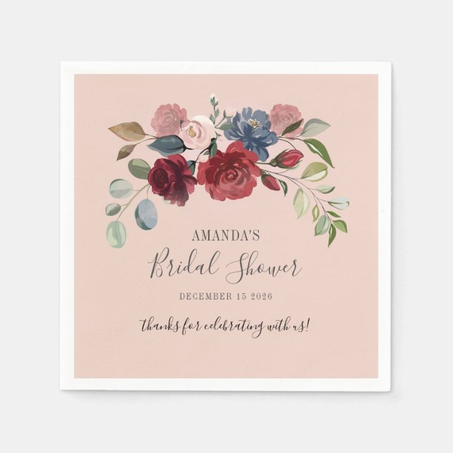 Bridal Shower Rustic Burgundy Floral Custom Napkin (Front)