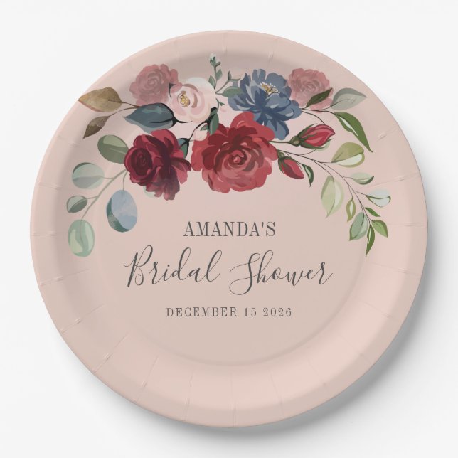 Bridal Shower Rustic Burgundy Floral Custom Paper Plate (Front)