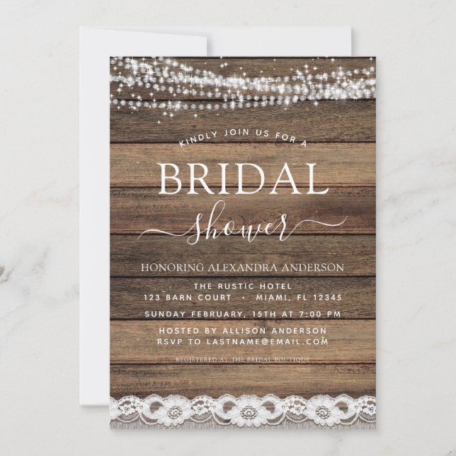 Bridal Shower Rustic Farmhouse String Lights Lace Invitation (Front)
