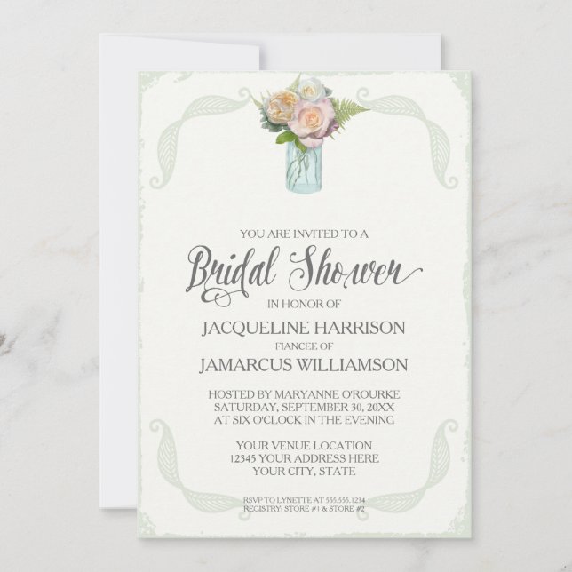 Bridal Shower Rustic Flowers Mason Jar Typography Invitation (Front)
