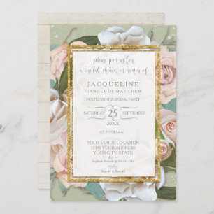 Bridal Shower Rustic Romantic Pink Rose Floral Invitation