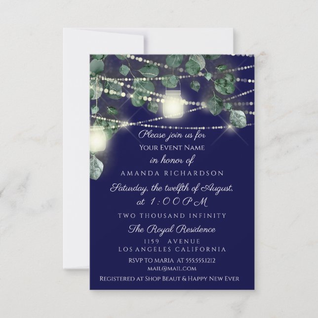 Bridal Shower Rustic Wood Gold Navy Jars Lights Invitation (Front)