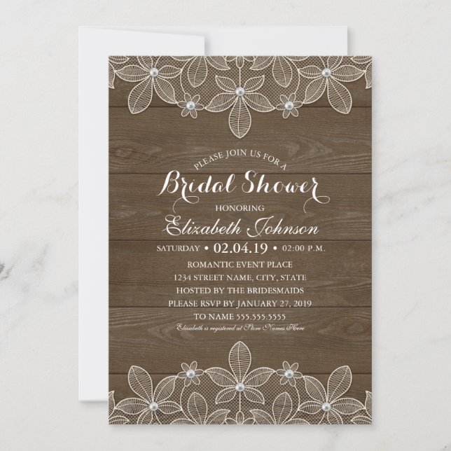 Bridal Shower Rustic Wood Lace Elegant Country Invitation (Front)