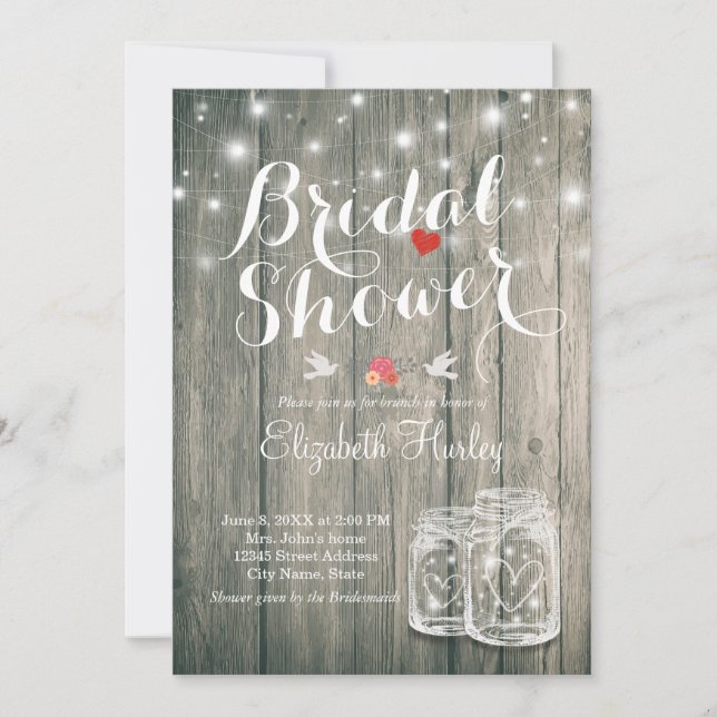 Bridal Shower Rustic Wood Mason Jar String Lights Invitation (Front)