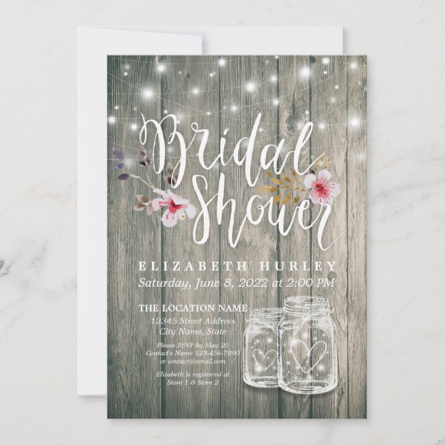 Bridal Shower Rustic Wood Mason Jar String Lights Invitation (Front)