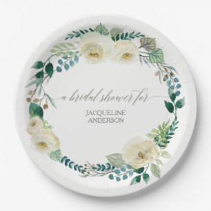 Bridal Shower Rustic Wreath Alabaster Rose  Leaves Paper Plate