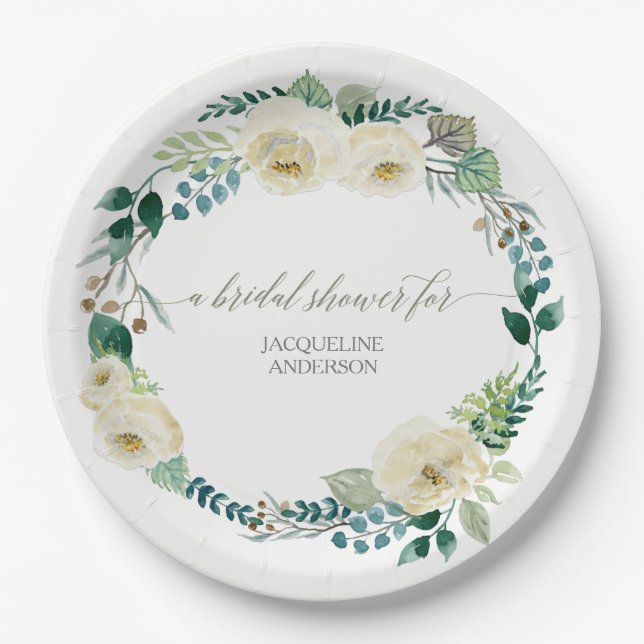 Bridal Shower Rustic Wreath Alabaster Rose  Leaves Paper Plate (Front)