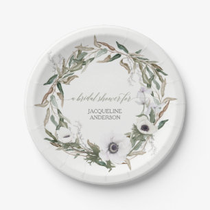 Bridal Shower Rustic Wreath Anemone Olive Leaves Paper Plate
