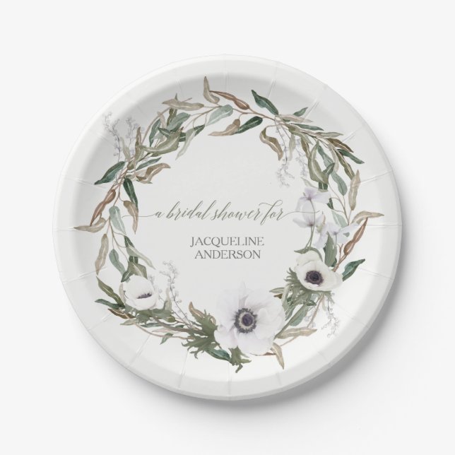 Bridal Shower Rustic Wreath Anemone Olive Leaves Paper Plate (Front)