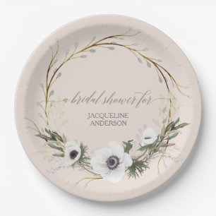 Bridal Shower Rustic Wreath Anemone Pink n White Paper Plate