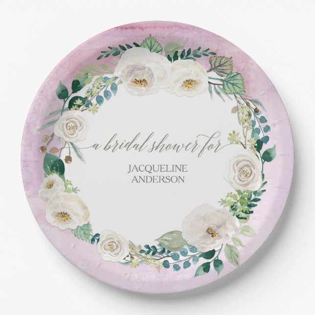 Bridal Shower Rustic Wreath Lavender White Roses Paper Plate (Front)