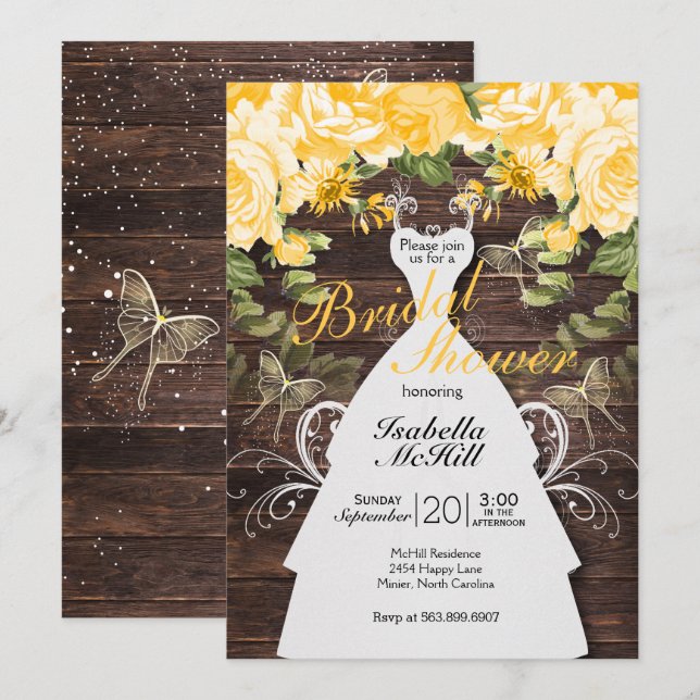 Bridal Shower - Rustic Yellow Botanical Flowers Invitation (Front/Back)