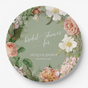 Bridal Shower Sage Blush Ivory Peony Rose Wreath Paper Plate