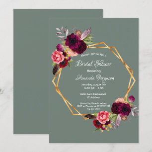 Bridal shower sage green floral geometric burgundy invitation