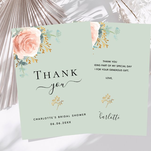 Bridal Shower sage green floral rose gold pink Thank You Card (Creator Uploaded)