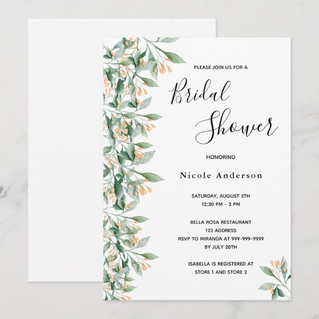 Bridal Shower sage green golden botanical white Invitation (Front/Back)