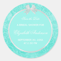Bridal Shower Save The Date Aqua Damask White Bow