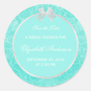 Bridal Shower Save The Date Aqua Damask White Bow Classic Round Sticker