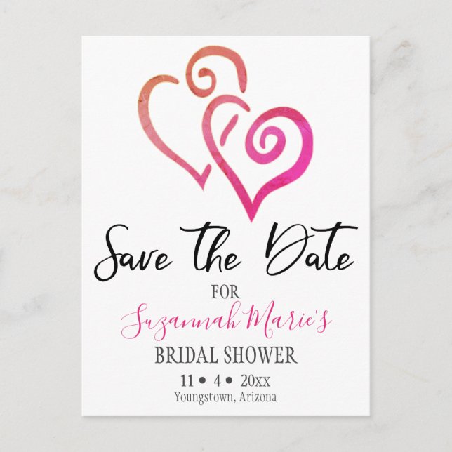 Bridal Shower Save The Date Orange Pink Hearts Announcement Postcard (Front)