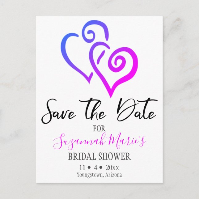 Bridal Shower Save The Date Pink Blue Hearts Annou Announcement Postcard (Front)